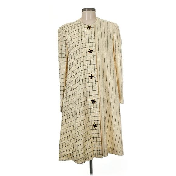 Vintage Jackets & Blazers - VTG Steve Fabrikant Cream Wool Printed Mixed Pattern Long Coat Gold Buttons 8